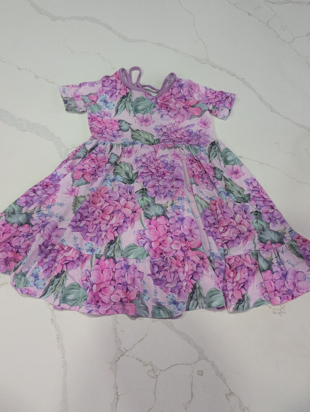 Bums & Roses Lilac Floral Hydrangea Kids Dress Short Sleeve & Short - Picture 3 of 5